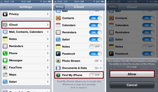 Mẫu thiết lập Find My Iphone trên Iphone Tính năng Find My iPhone