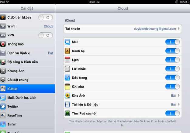 Mẫu cài đặt trên iPad Tính năng Find My iPhone
