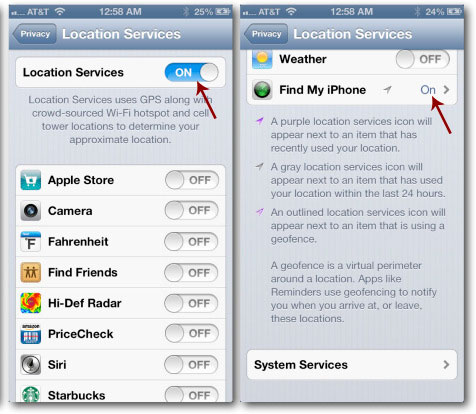 Bật “On” trong Location Services Tính năng Find My iPhone