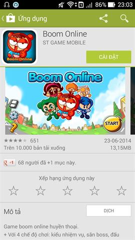 Boom Online được cung cấp hoàn toàn miễn phí trên Play Store và tương thích với nền tảng Android 2.3 trở lên