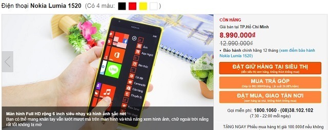 Giá Lumia 1520 đã rớt khá nhanh