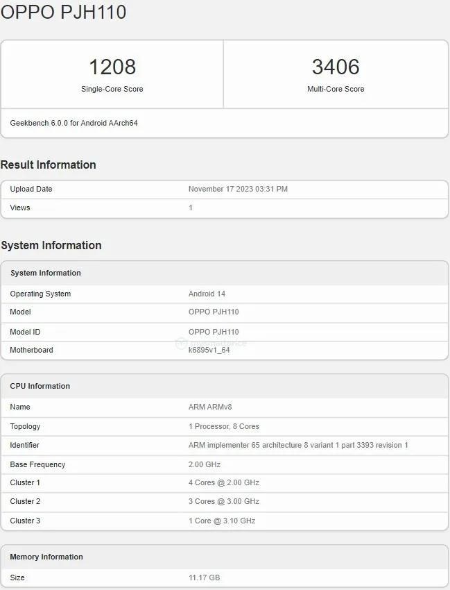 Điểm chuẩn bị rò rỉ của OPPO Reno11 trên Geekbench