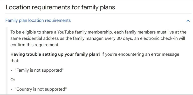 Trang hỗ trợ của YouTube quy định về việc các thành viên trong gia đình phải cùng một địa chỉ cư trú