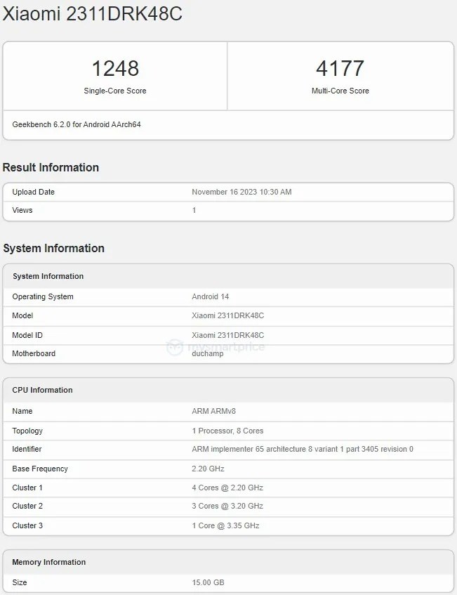 Thông tin của Redmi K70 trên Geekbench