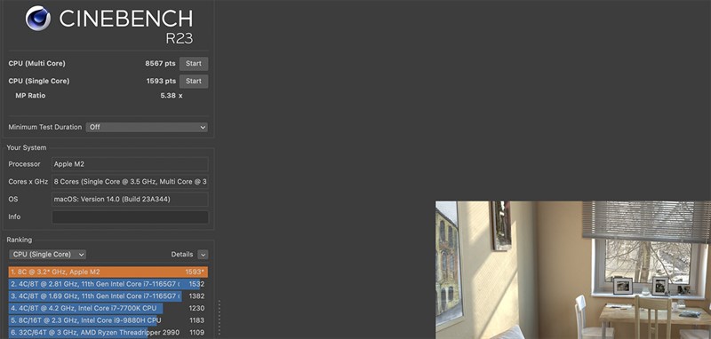 Điểm Cinebench R23 của MacBook Air 15 inch M2 phiên bản macOS 14