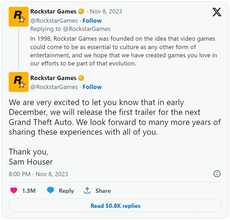 Tweet của Rockstar Games trên X Tweet của Rockstar Games trên X