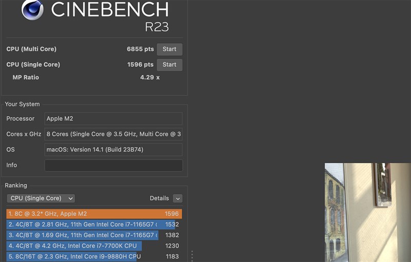 Điểm Cinebench R23 của MacBook Air 15 inch M2 phiên bản macOS 14.1