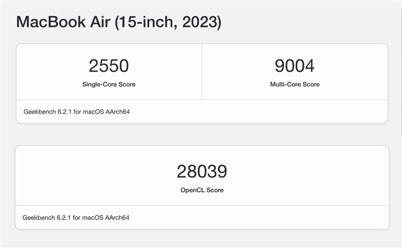 Điểm Geekbench 6 của MacBook Air 15 inch M2 phiên bản macOS 14.1