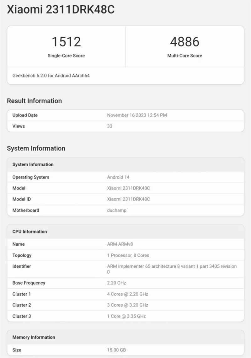 Thông tin của Redmi K70E trên Geekbench