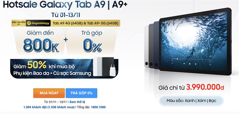 Từ hôm nay: Mua Galaxy Tab A9 series đồng giảm 500K, hỗ trợ trả góp 0%, giảm 50% khi mua phụ kiện bao da + củ sạc