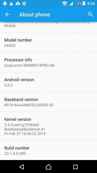 Thông tin bản cập nhật Android 5.0.2 trên Sony D6503