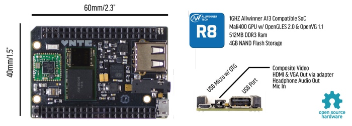 C.H.I.P sử dụng vi xử lý một nhân AllWinner Tech A13 R8 xung nhịp 1GHz