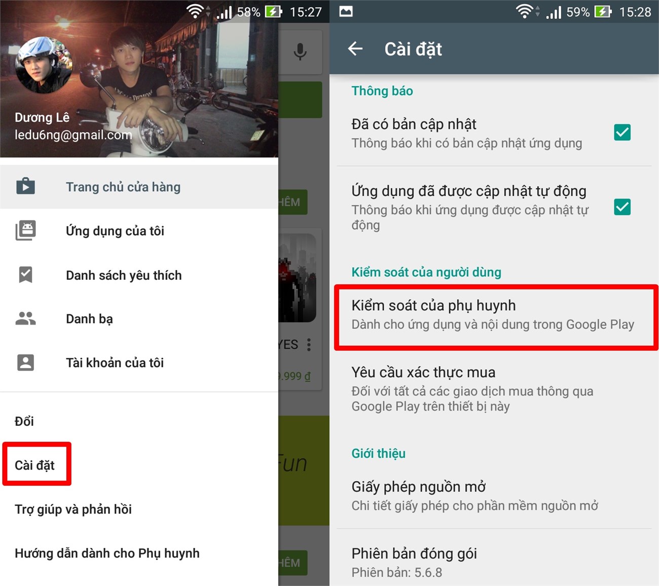 Chọn mục Kiểm soát của phụ huynh Chọn mục Kiểm soát của phụ huynh