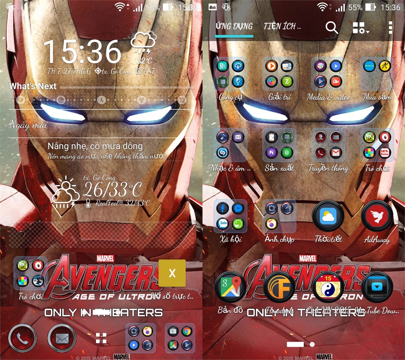 Ảnh chụp màn hình trên Asus Zenfone 6 sau khi áp dụng Theme Iron Man