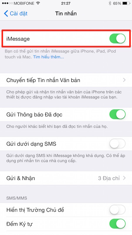 Thiết bị đã kích hoạt iMessage