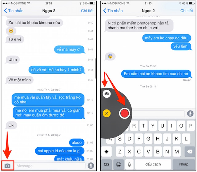 Chụp ảnh/quay phim nhanh và gởi trên iMessage