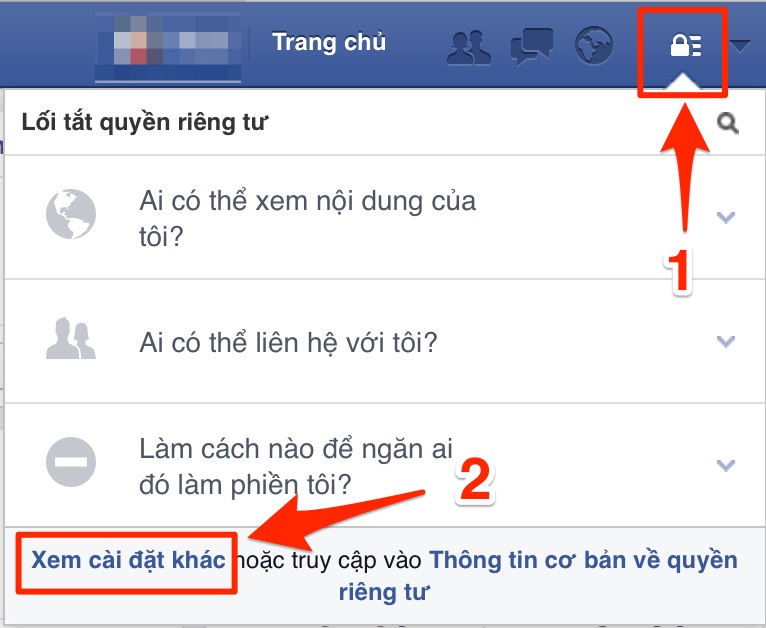 Nhấn vào biểu tượng ổ khóa ở góc trên bên phải tài khoản Facebook