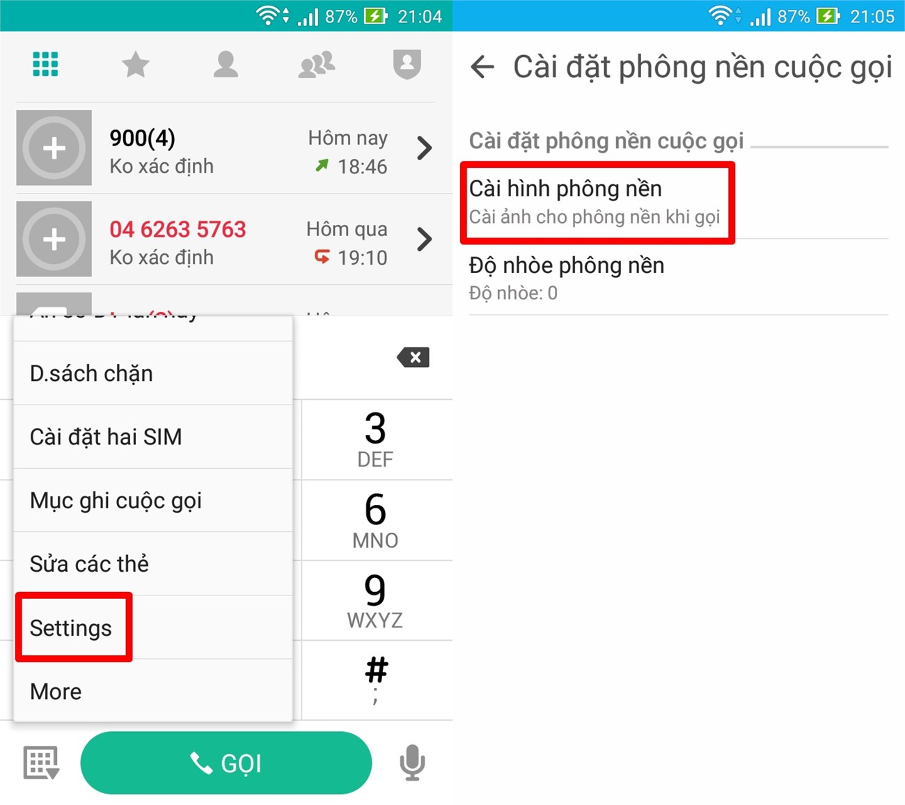 Chọn Settings > Calling screen settings > Cài đặt phông nền cuộc gọi