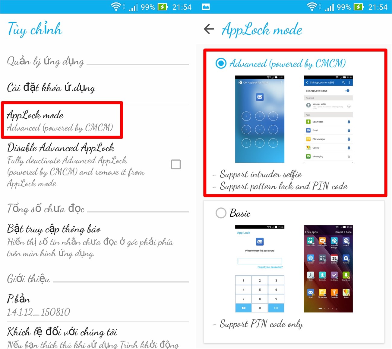 Vào Applock mode, chọn Advanced (powered by CMCM)
