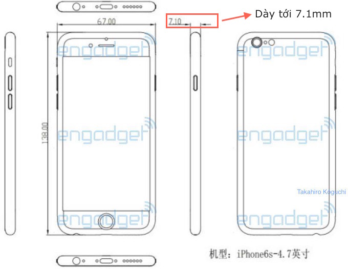 Sơ đồ kích thước iPhone 6s, nó sẽ dày hơn iPhone 6 (độ dày tới 7.1mm) Sơ đồ kích thước iPhone 6s, nó sẽ dày hơn iPhone 6 (độ dày tới 7.1mm)