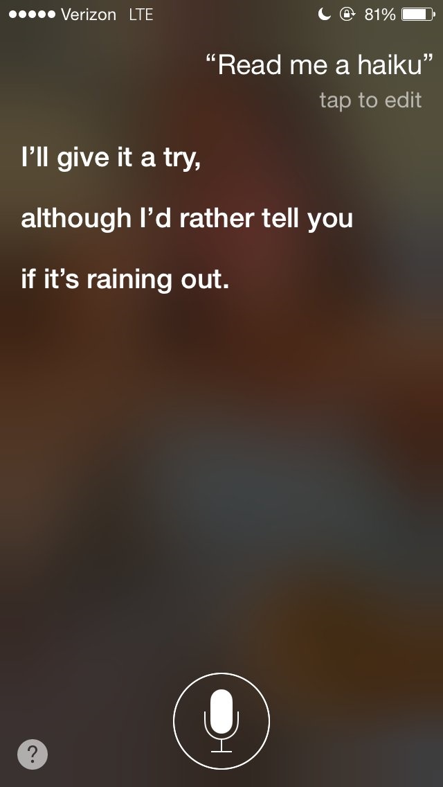 Siri hãy đọc cho tôi nghe một bài thơ Haiku Siri hãy đọc cho tôi nghe một bài thơ Haiku