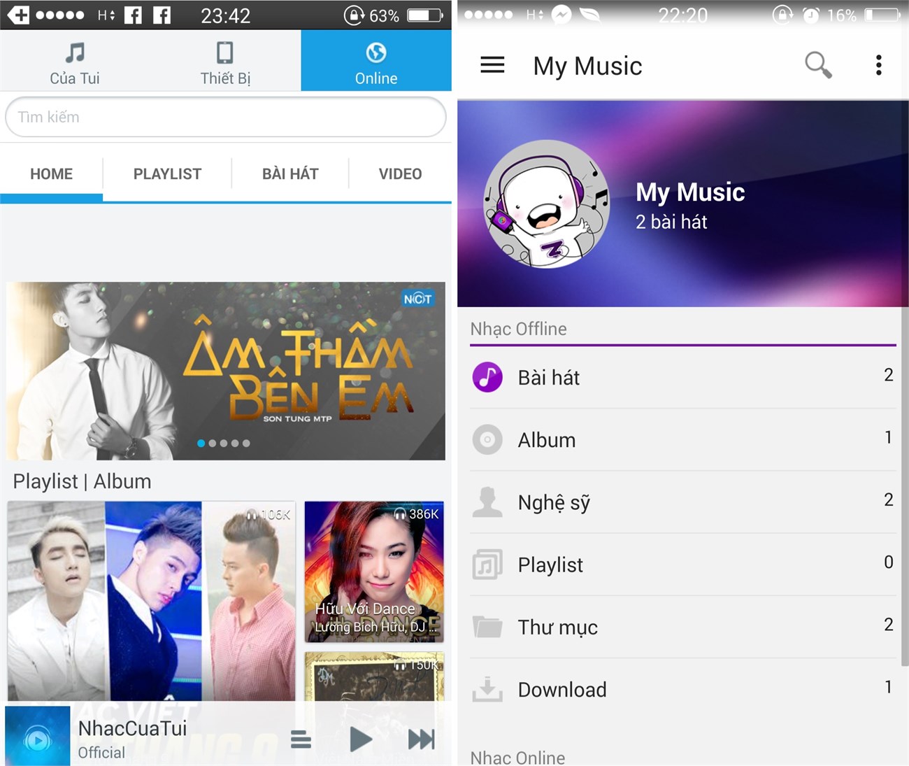 So sánh hai ứng dụng nghe nhạc trực tuyến Zing Mp3 và Nhaccuatui 2 giao diện
