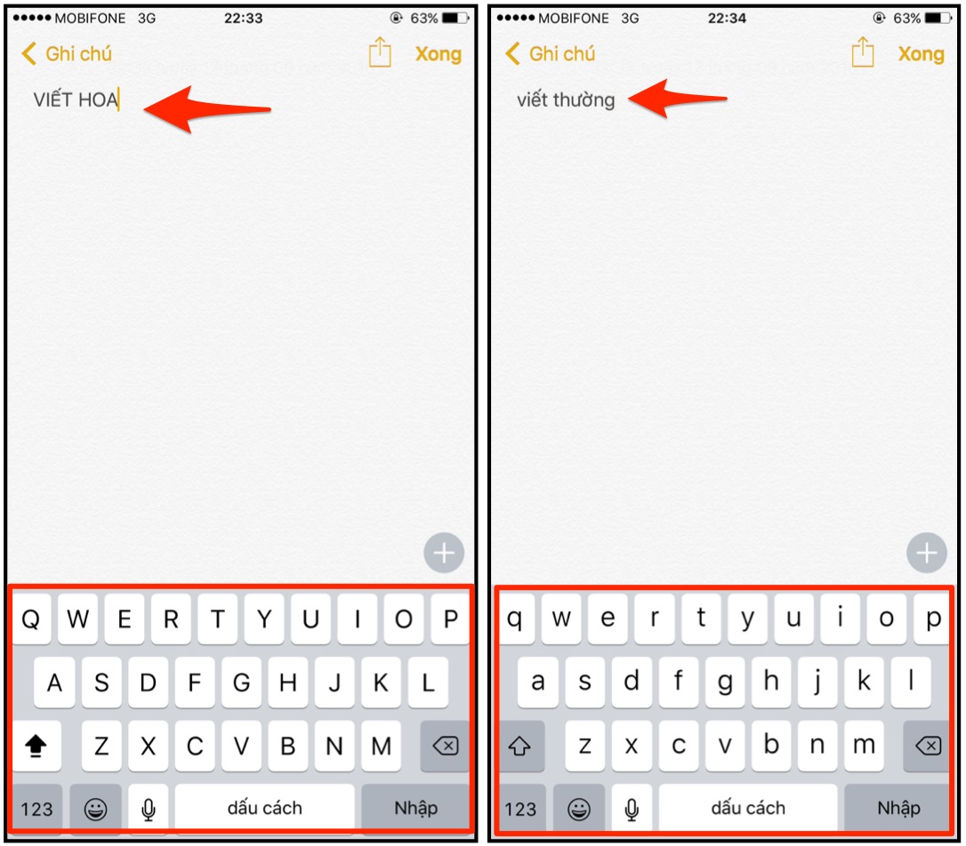 Bàn phím hiển thị rõ ràng khi viết hoa hoặc thường
