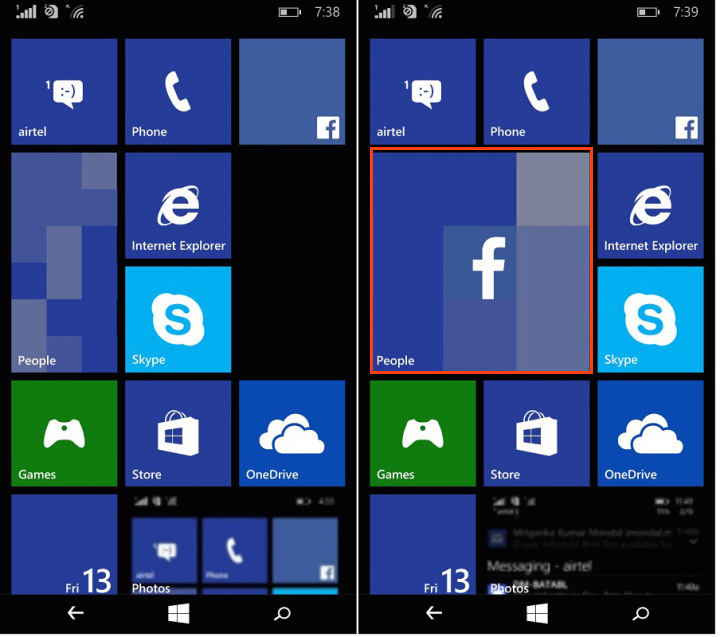 Giao diện Windows 10 Mobile với ô Large Tile (bên phải) Giao diện Windows 10 Mobile với ô Large Tile (bên phải)