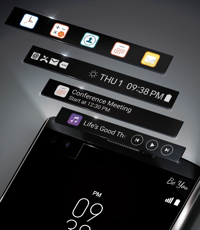 Màn hình phụ trên LG V10 có cơ chế hoạt động tương tự như trên màn hình cạnh của dòng Galaxy Edge series Màn hình phụ trên LG V10 có cơ chế hoạt động tương tự như trên màn hình cạnh của dòng Galaxy Edge series