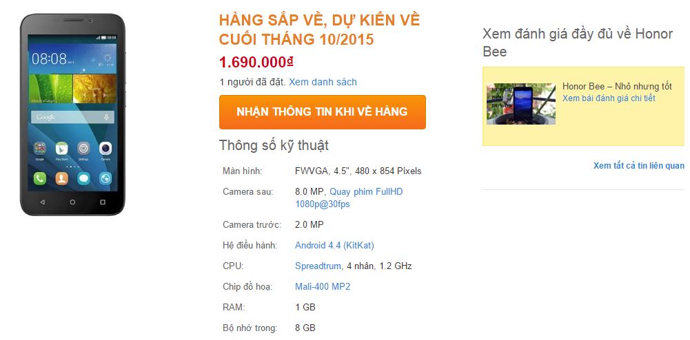 Honor Bee có giá 1,69 triệu đồng