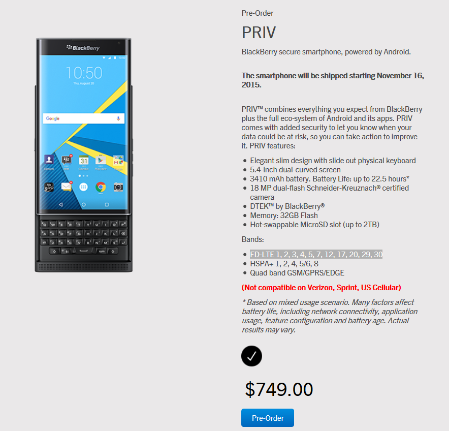 BlackBerry Priv có giá bán là 749 USD