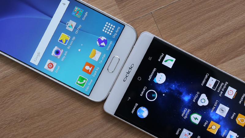 Mặt trước Oppo R7 Plus và Samsung Galaxy A8