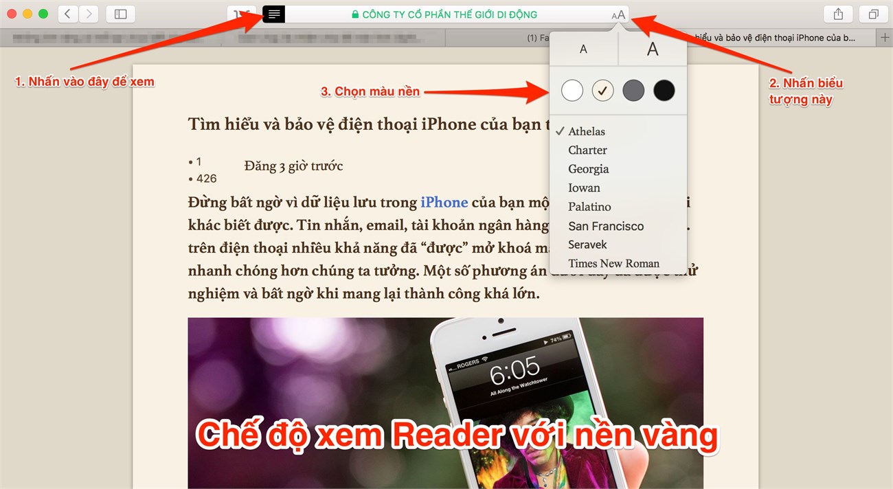 Tuỳ chỉnh Safari Reader: Nền thêm màu vàng