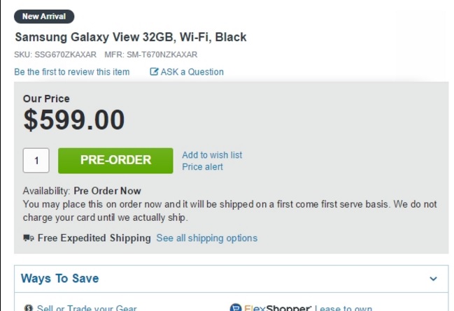 giá bán Galaxy View được niêm yết giá bán Galaxy View được niêm yết