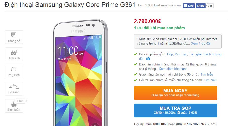 Galaxy Core Prime G361 giảm giá