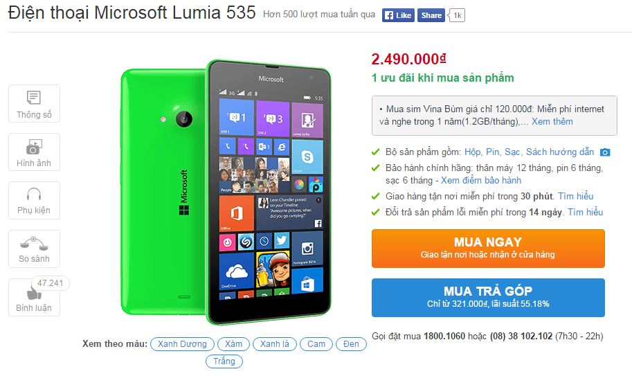 Lumia 535 giảm giá