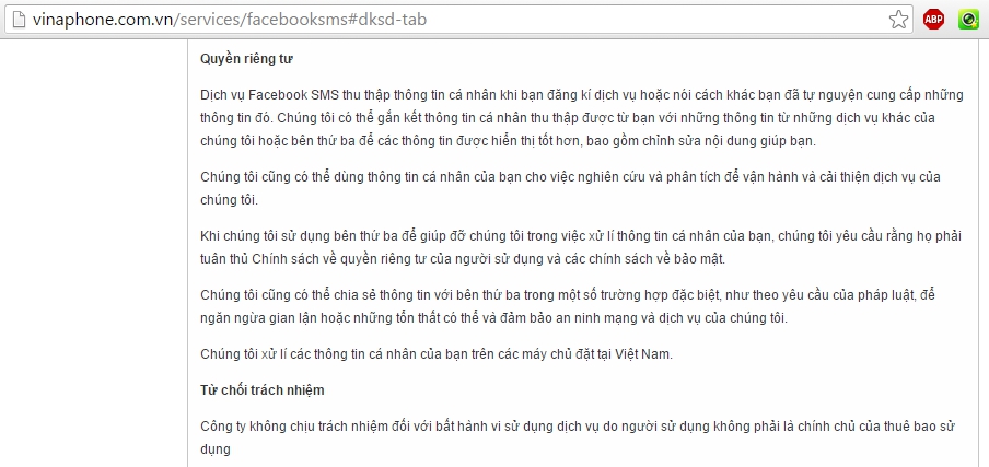 Ảnh chụp màn hình từ trang thông tin Điều khoản sử dụng dịch vụ Facebook SMS của VinaPhone