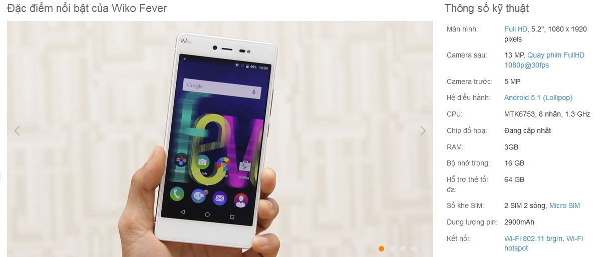 Cấu hình Wiko Fever tại Thegioididong