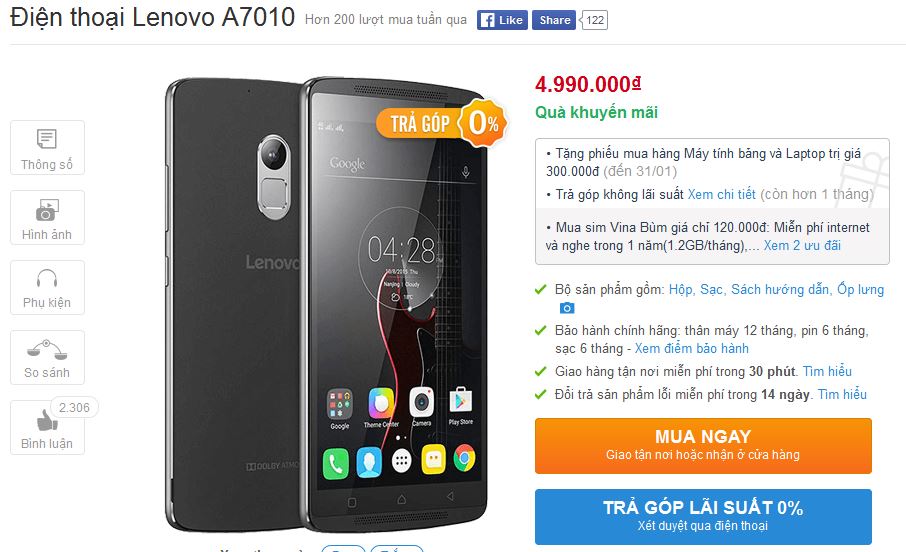 Lenovo A7010 có giá 4,99 triệu đồng