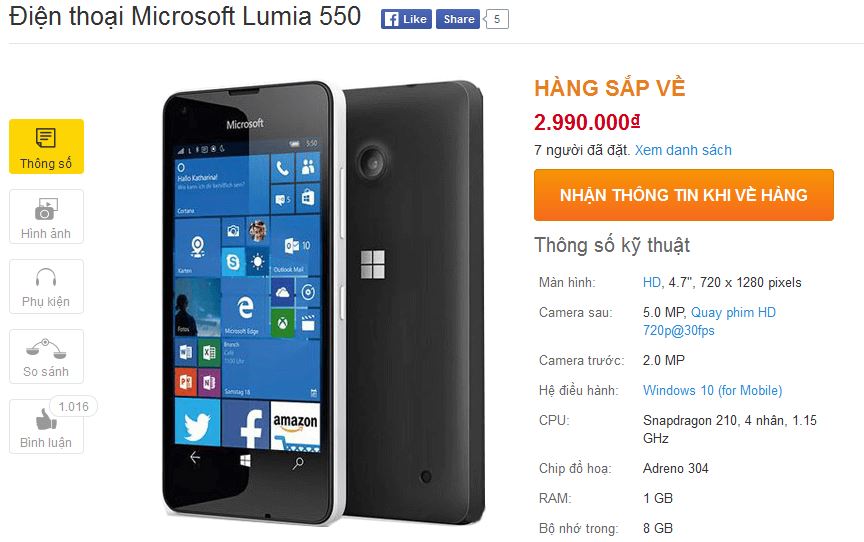 Lumia 550 có giá bán 2,99 triệu đồng