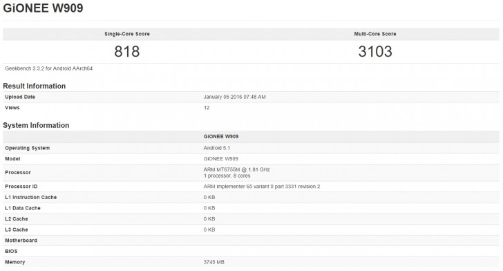 Gionee W909 trên Geekbench