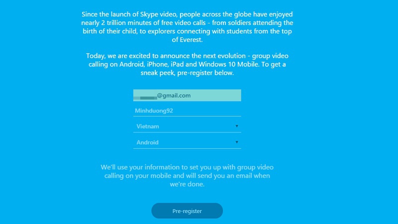 Điền thông tin đăng ký dịch vụ gọi video nhóm Skype miễn phí