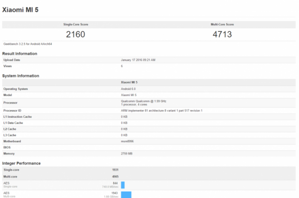 Xiaomi Mi 5 chip Snapdragon 820 trên Geekbench