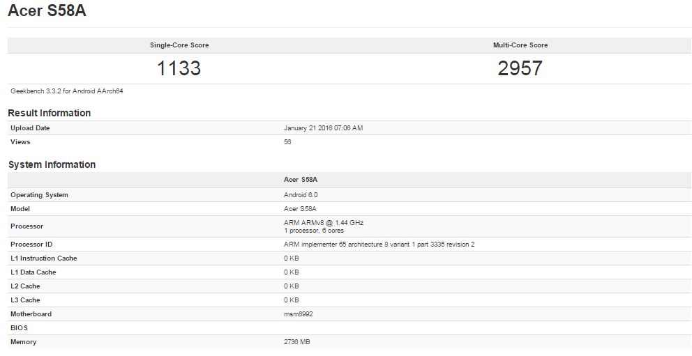 Acer Jade Primo xuất hiện trên Geekbench Acer Jade Primo xuất hiện trên Geekbench
