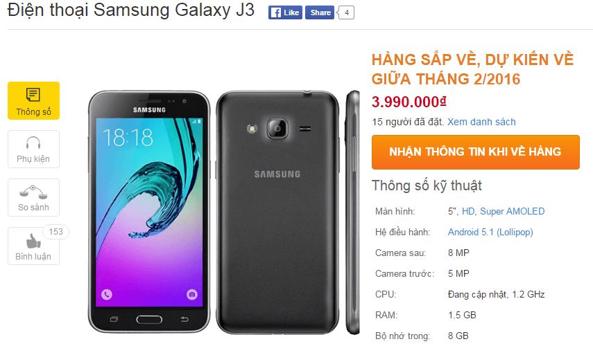 Galaxy J3 có giá bán tại Việt Nam Galaxy J3 có giá bán tại Việt Nam