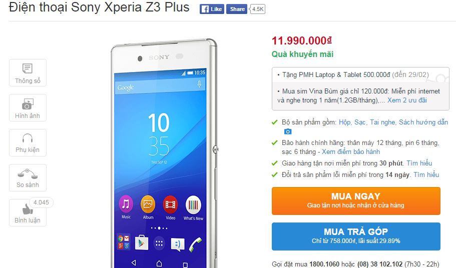 Xperia Z3 Plus giảm giá mạnh