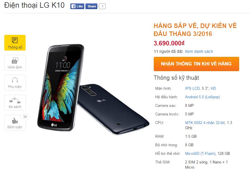 LG K10 có giá bán 3,69 triệu đồng LG K10 có giá bán 3,69 triệu đồng