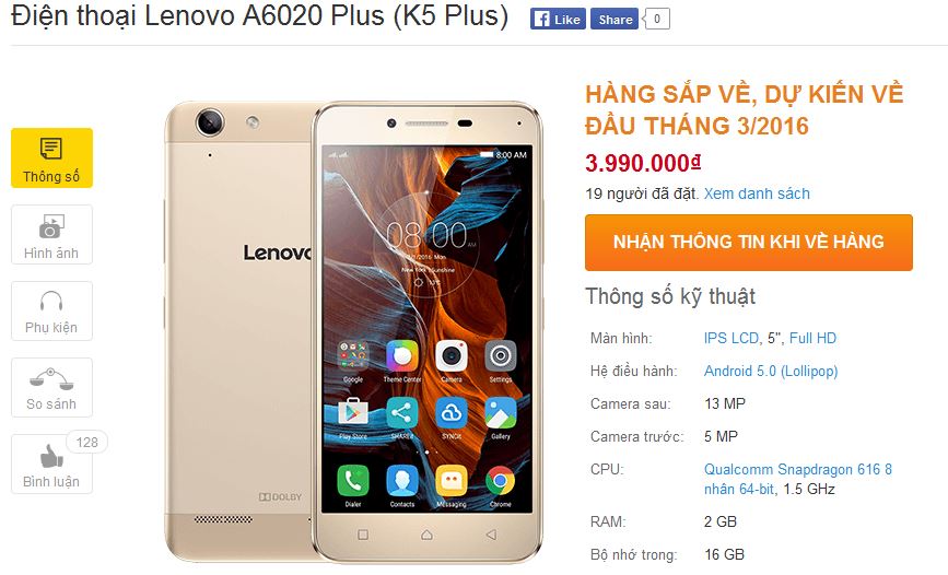 Lenovo A6020 Plus có giá bán 3.99 triệu đồng Lenovo A6020 Plus có giá bán 3.99 triệu đồng