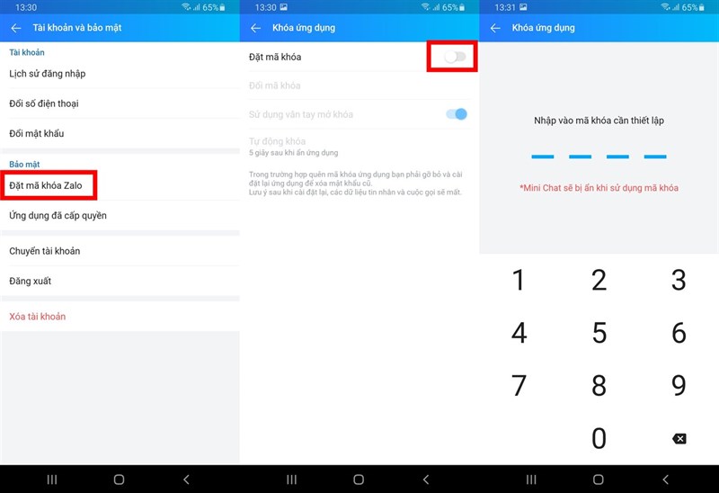 Đặt mã khóa Zalo