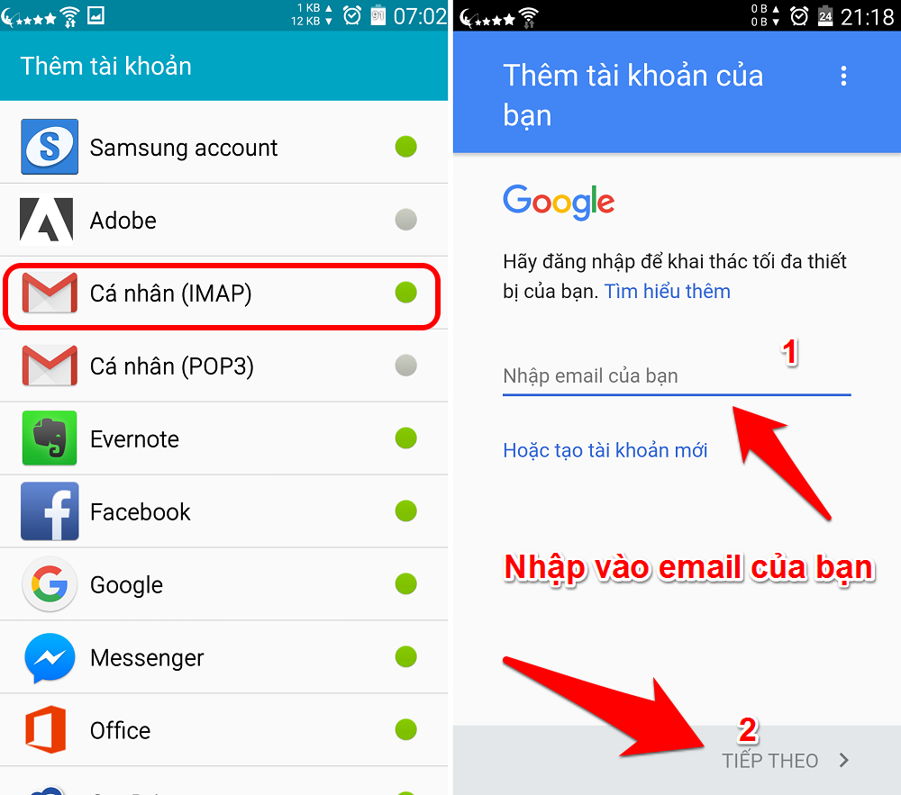 Chọn loại tài khoản mà mình muốn thêm vào (ở đây mình sẽ thêm tài khoản Gmail của Google), gõ vào địa chỉ email mình cần thêm vào rồi chọn Tiếp theo Chọn loại tài khoản mà mình muốn thêm vào (ở đây mình sẽ thêm tài khoản Gmail của Google), gõ vào địa chỉ email mình cần thêm vào rồi chọn Tiếp theo